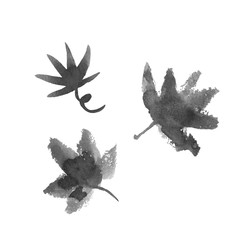 Set of black watercolor ink maple leaves hand-drawn on a white background