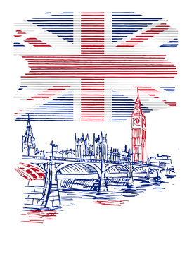 Ilustracja przedstawiająca flagę Wielkiej Brytanii z przykładowym zabytkiem architektonicznym
