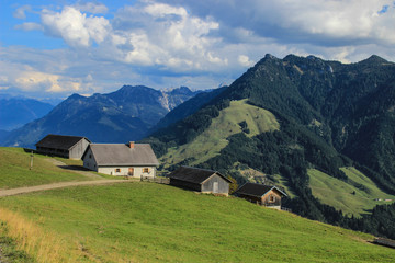 Fototapeta na wymiar Fabulously beautiful European cozy landscape in the cozy Alps mountains in Liechtenstein on the border with Austria. A lonely farmhouse among mountains, alpine meadows and trees on a bright sunny day.