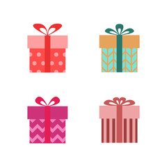 Set of vector gift boxes packed in colorful wrapping paper with a bow
