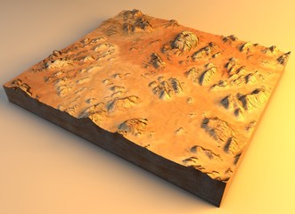 Satellite view of the Wadi Rum, Valley of the Moon, it is a valley cut into the sandstone and granite rock in southern Jordan, 3d render. Section of land in 3d. Nasa element