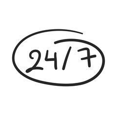 24 hours 7 days shop. Vector hand drawn sticker illustration with cartoon lettering. 