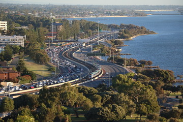 Freeway around Perth City at Swan River, Western Australia