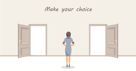 Fototapeta premium A woman is standing in front of two doors and having a choice. Inscription: Make your choice. Vector design illustrations