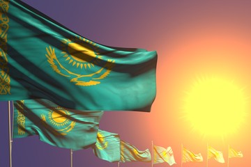 pretty celebration flag 3d illustration. - many Kazakhstan flags placed diagonal on sunset with space for text