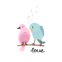 Vector colorful illustration of cute couple of birds in love. Can be used for childish t-shirt print, textile print, cloth, baby wear, kids room decoration, invitation, greeting card, and posters