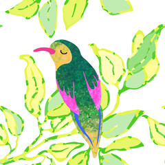 Vector seamless background with colorful watercolor illustration of leaves and birds. Can be used for wallpaper, pattern fills, web page, surface textures, textile print, wrapping paper