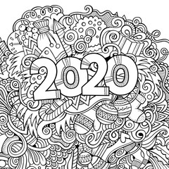 2020 hand drawn doodles contour line illustration. New Year poster.