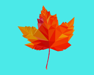 Vector image in the style of Low poly. Yellow-red maple leaf on a blue isolated background.