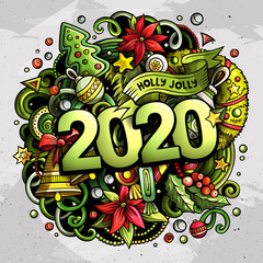 2020 hand drawn doodles illustration. New Year objects and elements poster