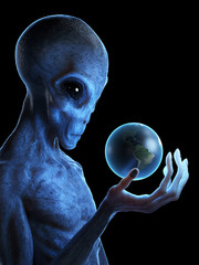 3d rendered medically accurate illustration of a grey alien holding the earth - obrazy, fototapety, plakaty