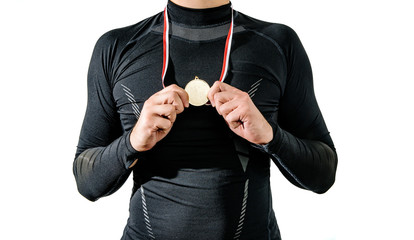 The athlete is happy with the gold medal, victory. Player Happy to win a gold medal. The concept of...