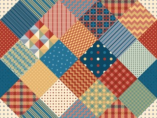 Seamless patchwork pattern from patches with different geometric ornaments. Quilting design background.