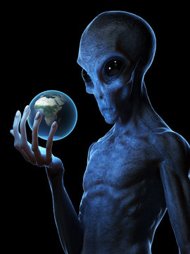 3d rendered medically accurate illustration of a grey alien holding the earth