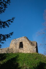 Ruins of the castle and blue sky. Lanckorona, Poland.