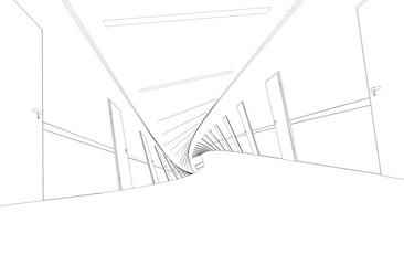 long corridor with doors, contour visualization, 3D illustration, sketch, outline