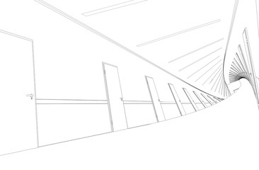 long corridor with doors, contour visualization, 3D illustration, sketch, outline