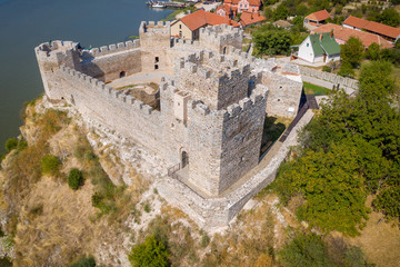 Fototapeta na wymiar Aerial panorama view of newly restored Ram castle former Turkish stronghold on the bank of the river Danube in Serbia former Yugoslavia