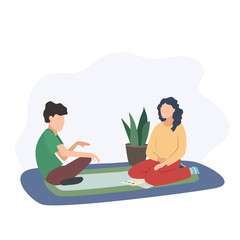 Obraz na płótnie Canvas Concept of individual psychological session. Patient Having Therapy Appointment with Psychologist. a young man and a woman talking on the floor. vector illustration in a flat style 