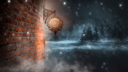 Dark street, a lantern on an old brick wall, a large moon, smoke, smog. Night scene of the old city, dark forest. Antique clock on an old brick wall.