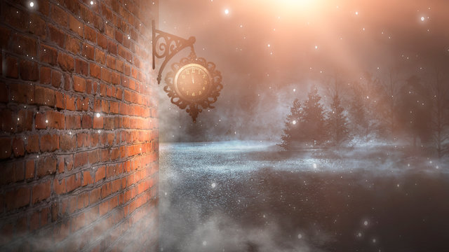 Dark street, a lantern on an old brick wall, a large moon, smoke, smog. Night scene of the old city, dark forest. Antique clock on an old brick wall.