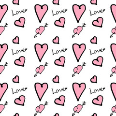 Repeating hearts, handwritten word Love. Romantic seamless pattern. Endless girlish print. Drawn by hand, sketch, doodle. Cute vector illustration. Isolated vector on white