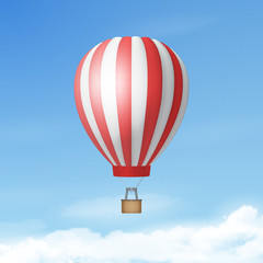 Fototapeta premium Vector 3d Realistic White and Red Hot Air Balloon on Blue Sky Background. Design Template for Branding. Blank Aerostat for Summer Vacation, Travelling, Tourism, Journey Concept