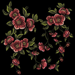 Embroidery foliage pattern with violet flowers. Vector embroidered floral patch