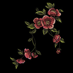 Embroidery meadow pattern with violet flowers. Vector embroidered floral patch