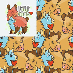 Naklejka premium Llama Mama. Seamlees pattern with cute fluffy alpacas. Funny smiling cozy animals.