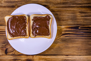 Two sandwiches with chocolate spread on a white plate. Top view