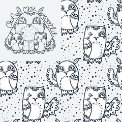 Owl my world. Seamless pattern with cute owls. Happy birds, doodle hipsters print