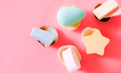 Assorted cosmetic sponges.
