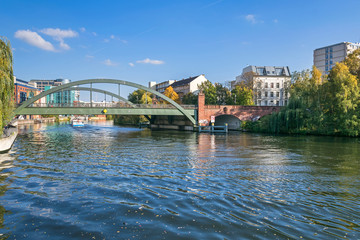Banks of the river Spree and Lessing bridge in Berlin, Germany