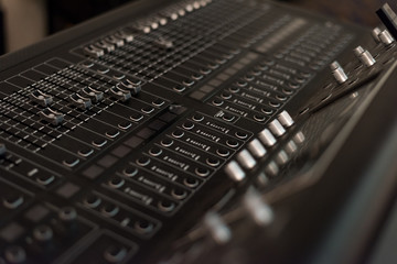 Audio sound mixer console. Audio mixer, music equipment. broadcasting tools, mixer, synthesizer....