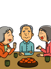 高齢者、おじいさん、おばあさん、おじいちゃん、おばあちゃん、老人ホーム、老人施設、シニア、介護、笑顔、福祉、福祉施設、デイサービス、家族、女性、高齢、高齢化社会、年金、年金暮らし、相続、長生き、老後、健康、病気、病院、認知症、痴呆、カット、自慢、博識、物知り、イラスト、祖父、祖母、父、母、死別、想い出、思い出、写真、アルバム、若い頃、記憶