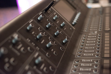 Audio sound mixer console. Audio mixer, music equipment. broadcasting tools, mixer, synthesizer....