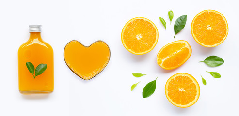 Fresh orange juice with orange fruit on white background.