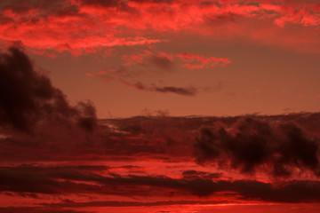Fiery orange sunset  colorful and speckled  clouds.