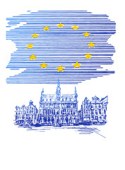 Ilustracja przedstawiająca flagę Unii Europejskiej z przykładowym zabytkiem architektonicznym - obrazy, fototapety, plakaty
