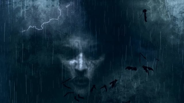 Lightning storm in the night sky with demon face and bats loop animation	