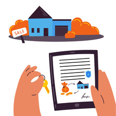 Blockchain contract.Buying a house through a smart contract.Man holds a tablet with a blockchain contract in one hand, and in the other a house key.An innovative contract.Payment by bitcoins.Vector