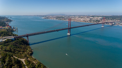 Aerial. Panorama from sky, a 25 de Abril Bridge. Lisbon.