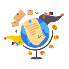 Blockchain contract between people around the world.Buying things through a smart contract.Man and woman with tablets buy and sell.Shipping between countriesAn innovative contract.Payment by bitcoins.