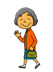 イラスト｜高齢者｜散歩｜おばあちゃん｜背景ナシ