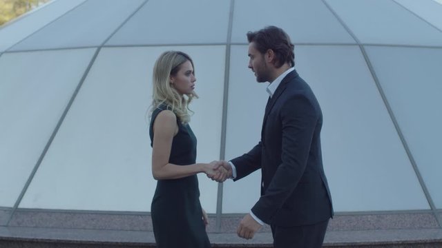 Pretty blonde business woman meets her business partner in the park