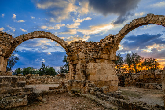 The Byzantine Saranta Kolones, Forty columns castle, ruined archs in a sunset time, Kato Paphos, Cyprus
