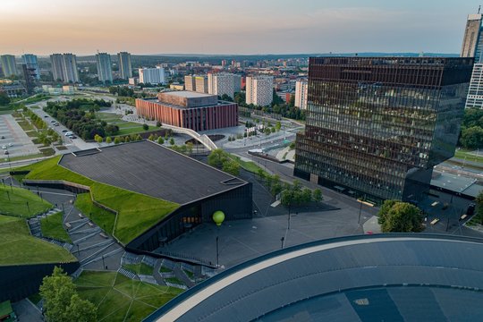 Aerial drone view of Katowice at sunrise. Katowice is the largest city and capital of Silesia voivodeship.