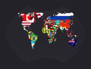 World map with flags. Ginzburg IX projection. Map of the world with meridians on dark background. Vector illustration.