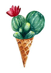 Watercolor hand drawn blooming cactus in a waffle cone. Fantasy clipart for trendy design. Watercolor isolated element on white.